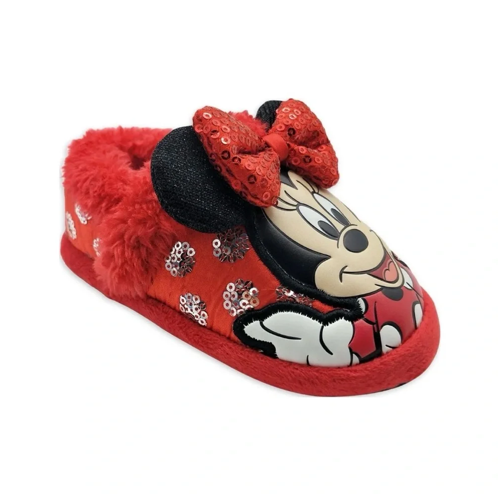Disney Minnie Mouse Red Plush Sequin Slippers Size 5-6